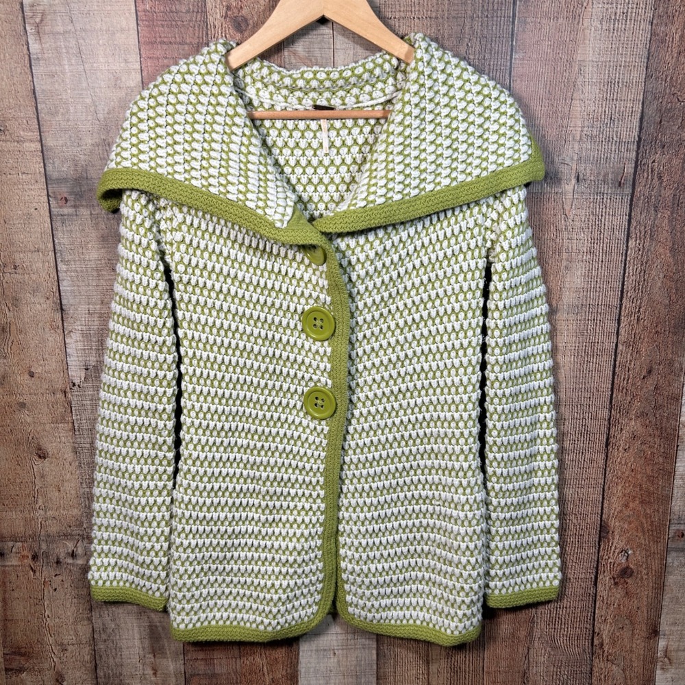 Free People White and Olive Green Crochet Shawl Collar Cardigan